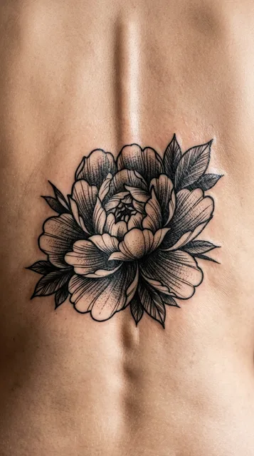 Black and grey dotwork peony tattoo on a man's back