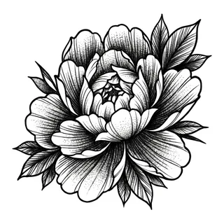 Black and grey dotwork peony tattoo design, drawn flat for a back tattoo