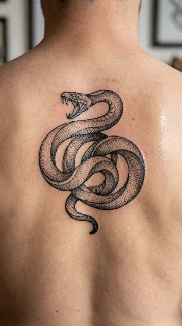 Black and grey dotwork snake tattoo on a man's back