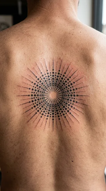 Black and grey dotwork sun tattoo on a man's back