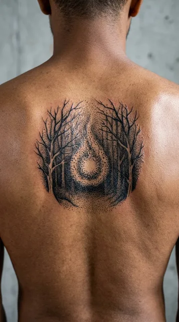 Black and grey dotwork tree tattoo on a man's back