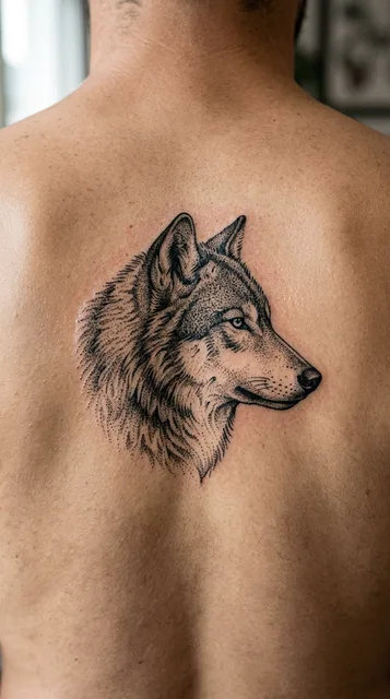 Black and grey dotwork wolf tattoo on a man's back