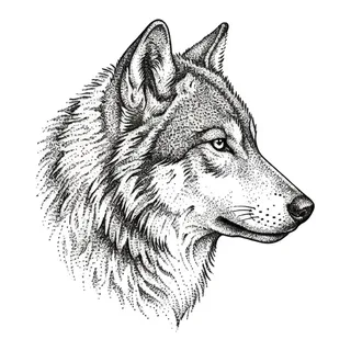 Black and grey dotwork wolf tattoo design, drawn flat for a back tattoo