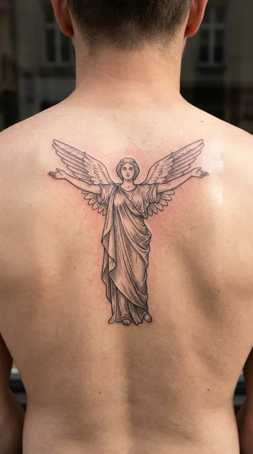 Black and white fine line tattoo on a man's back