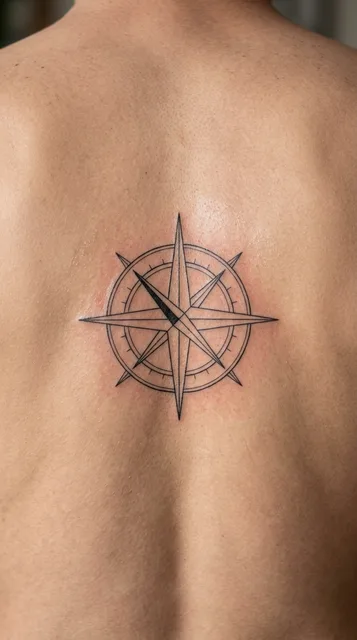 Black and white fine line tattoo on a man's back