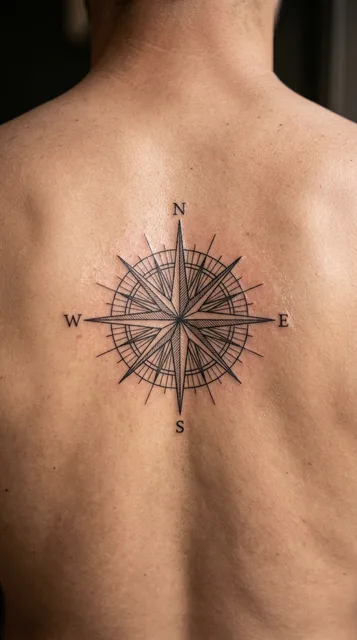 Black and white fine line compass tattoo on a man's back
