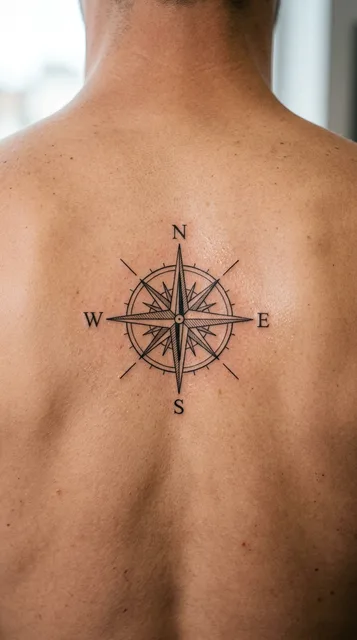 Black and white fine line compass tattoo on a man's back