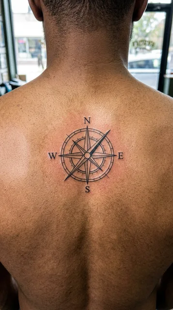 Black and white fine line compass tattoo on a man's back