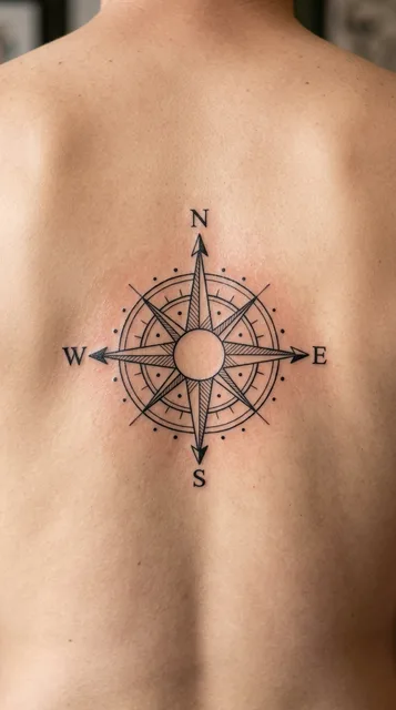 Black and white fine line compass tattoo on a man's back