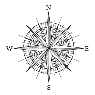Black and white fine line compass tattoo design, outline stencil for a back tattoo