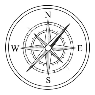 Black and white fine line compass tattoo design, outline stencil for a back tattoo