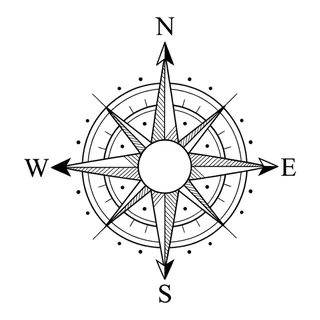Black and white fine line compass tattoo design, outline stencil for a back tattoo