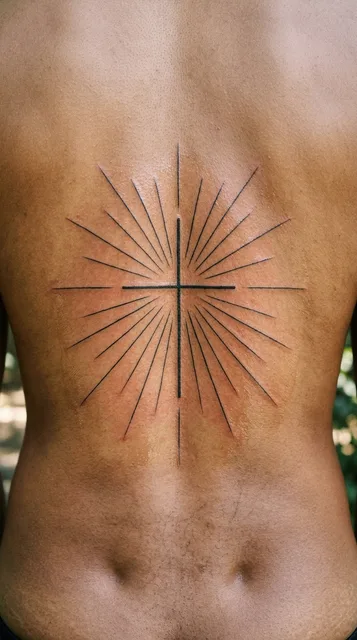 Black and white fine line cross tattoo on a man's back