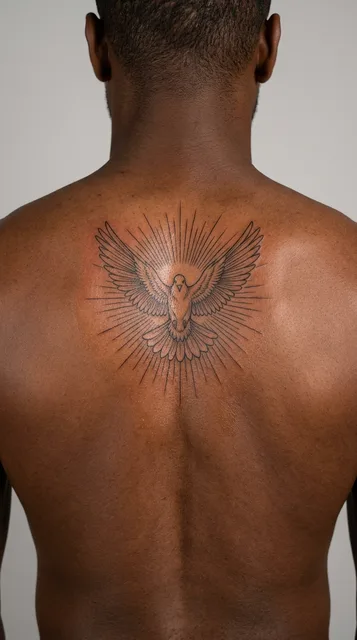 Black and white fine line dove tattoo on a man's back