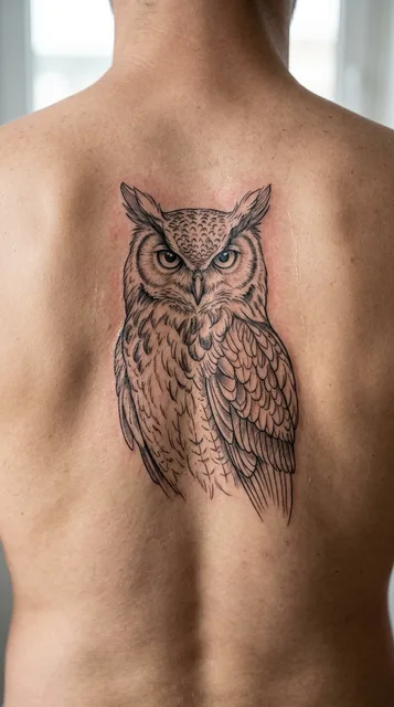 Black and white fine line owl tattoo on a man's back