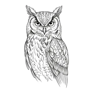 Black and white fine line owl tattoo design, outline stencil for a back tattoo