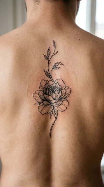 Black and white fine line peony tattoo on a man's back