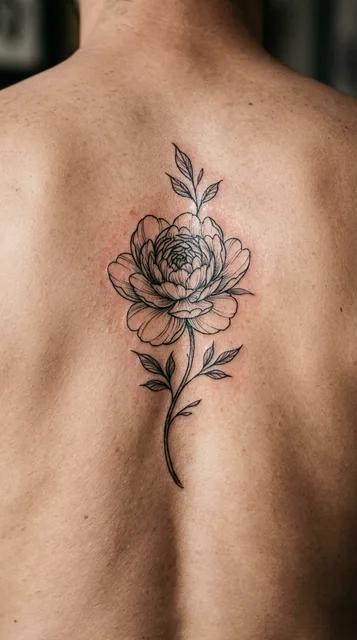Black and white fine line peony tattoo on a man's back