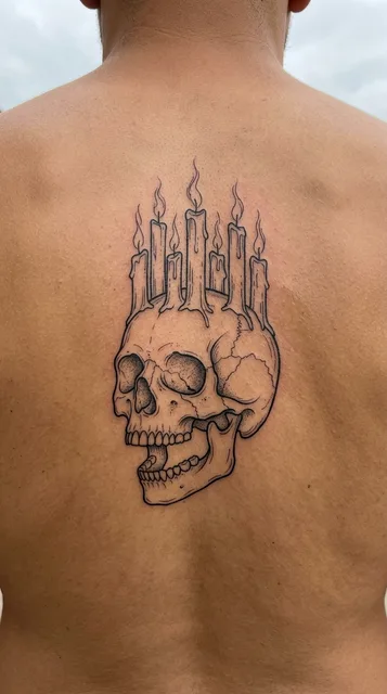 Black and white fine line skull tattoo on a man's back