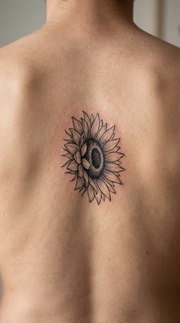 Black and white fine line sunflower tattoo on a man's back