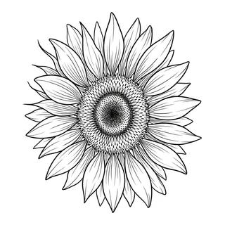 Black and white fine line sunflower tattoo design, outline stencil for a back tattoo