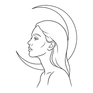 Black and white fine line woman portrait tattoo design, outline stencil for a back tattoo