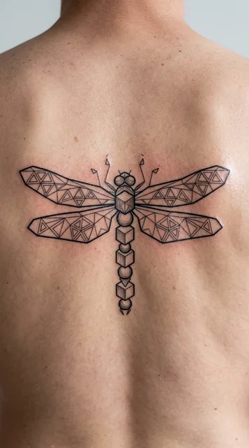 Black and white geometric dragonfly tattoo on a man's back