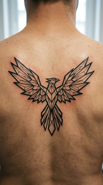 Black and white geometric eagle tattoo on a man's back