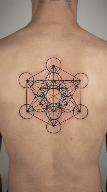 Black and white geometric metatrons cube tattoo on a man's back
