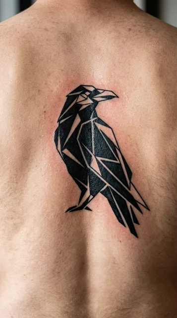 Black and white geometric raven tattoo on a man's back (1 of 2)
