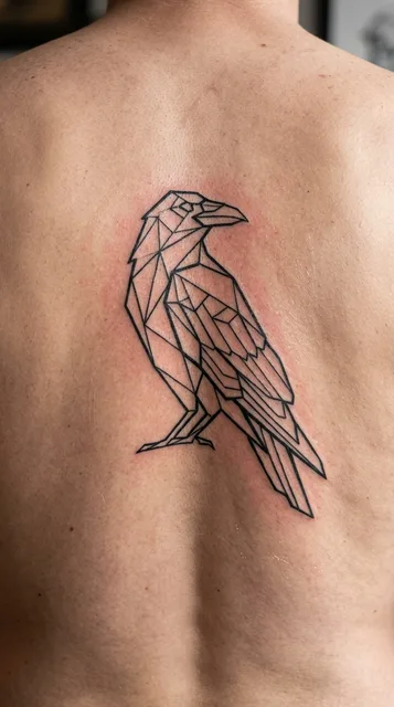 Black and white geometric raven tattoo on a man's back (2 of 2)