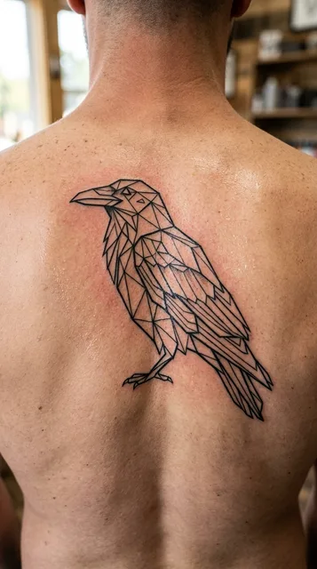 Black and white geometric raven tattoo on a man's back