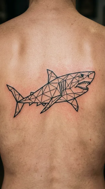Black and white geometric shark tattoo on a woman's back