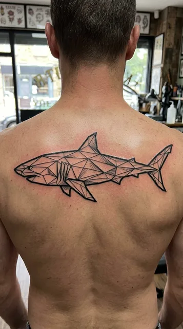 Black and white geometric shark tattoo on a man's back