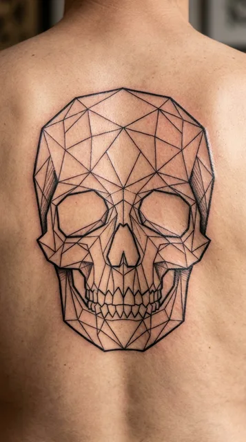 Black and white geometric skull tattoo on a man's back