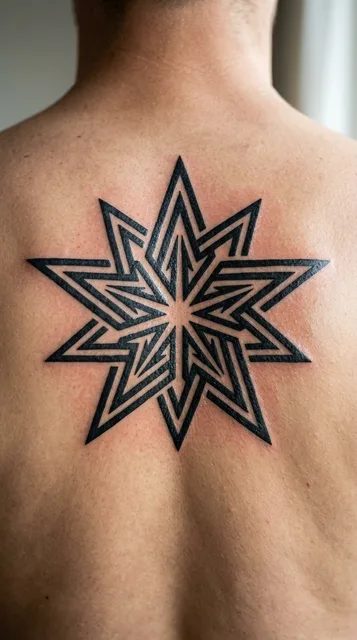 Black and white geometric star tattoo on a man's back