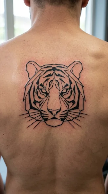 Black and white geometric tiger tattoo on a man's back