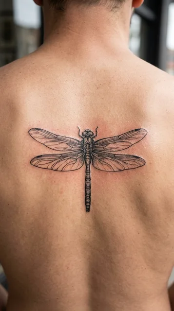 Black and grey illustrative dragonfly tattoo on a man's back