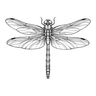 Black and grey illustrative dragonfly tattoo design, drawn flat for a back tattoo