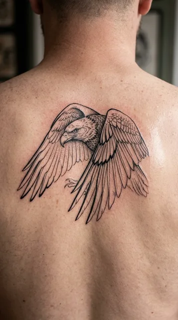 Black and grey illustrative eagle tattoo on a man's back