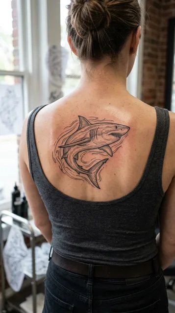 Black and grey illustrative shark tattoo on a woman's back