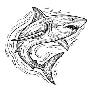 Black and grey illustrative shark tattoo design, drawn flat for a back tattoo
