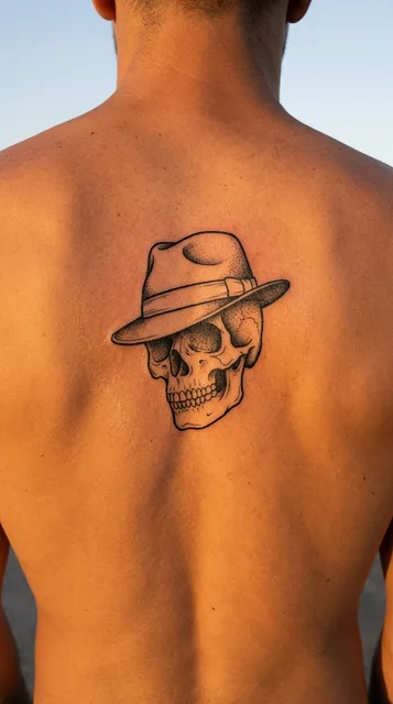 Black and grey illustrative skull tattoo on a man's back