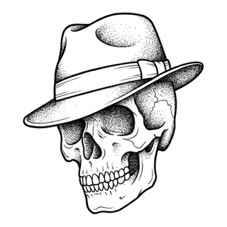 Black and grey illustrative skull tattoo design, drawn flat for a back tattoo