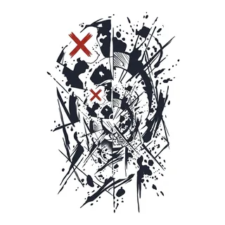 Black and grey illustrative skull tattoo design, drawn flat for a back tattoo