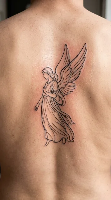 Black and white linework angel tattoo on a man's back