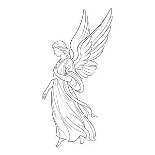 Black and white linework angel tattoo design, outline stencil for a back tattoo