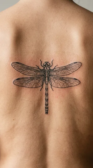 Black and white linework tattoo on a woman's back