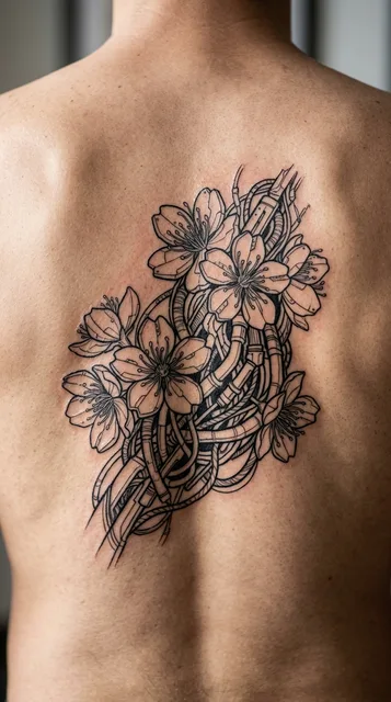 Black and white linework cherry blossom tattoo on a man's back