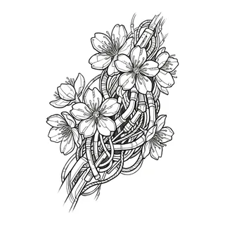 Black and white linework cherry blossom tattoo design, outline stencil for a back tattoo